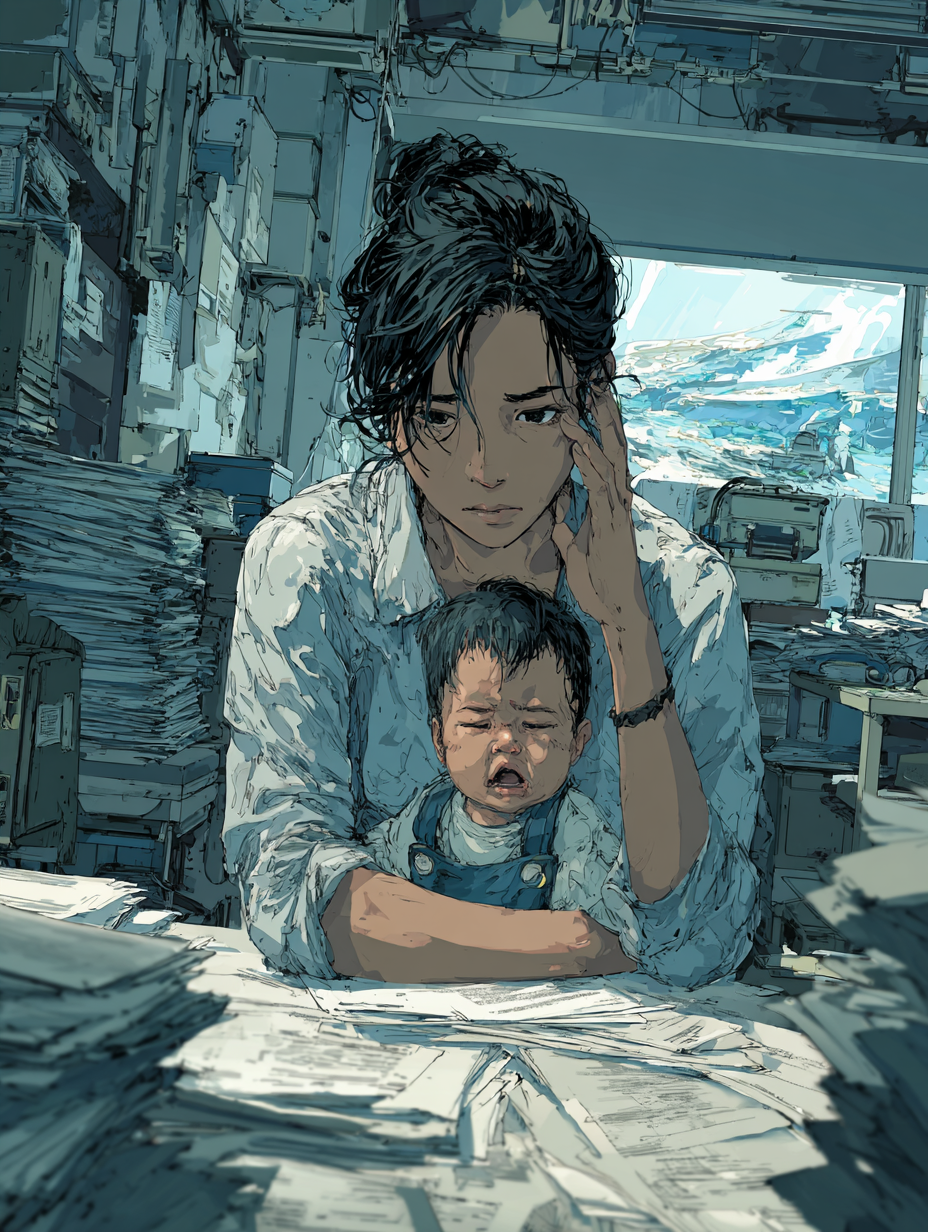 복잡한 육아 지원금 정책 서류 앞에서 머리를 감싸 쥔 부모와 우는 아이