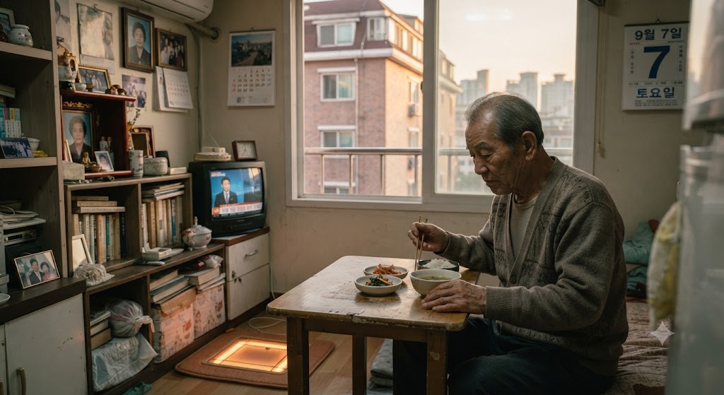 노인이 혼자 식사하고 있는 모습, 가사지원이 필요함