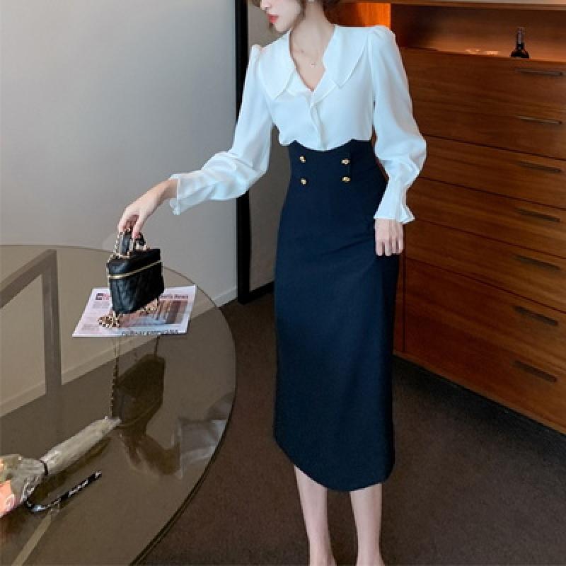 다엘 더블버튼 하이웨스트 롱투피스 허니비