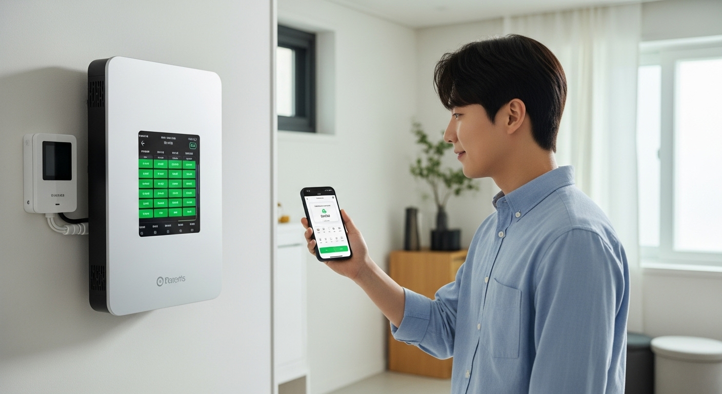 현대적인 한국 가정에서 스마트폰 앱으로 가정용 에너지 저장 시스템(ESS)과 에너지 관리 현황을 확인하는 한국인 남성.