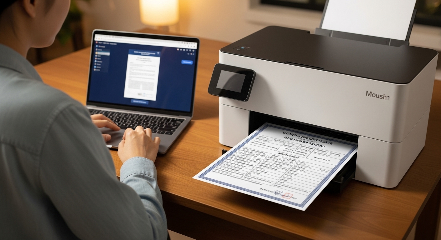 노트북과 프린터로 보건증을 인쇄하는 모습