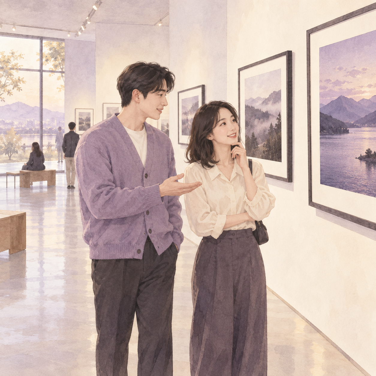 사진 전시회에서 작품을 감상하며 이야기하는 지우와 태오
