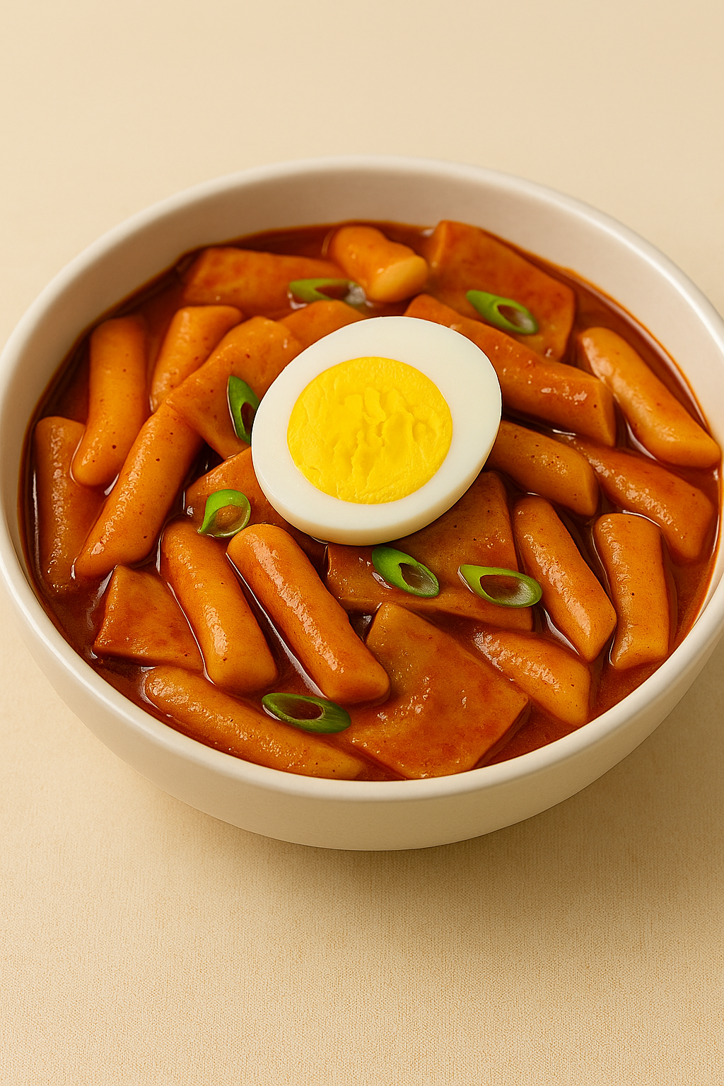 Spicy Korean tteokbokki with fish cakes, halved boiled egg, and sliced green onions on top