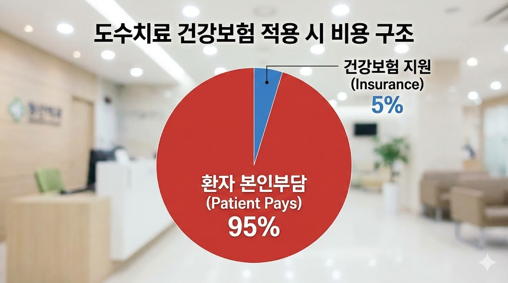 병원 로비 배경 위에 커다란 원형 차트가 있습니다. 빨간색으로 표시된 '환자 본인부담 95%'가 전체의 대부분을 차지하고, 파란색으로 표시된 '건강보험 지원 5%'는 아주 작은 부분으로 나타나, 극단적인 비용 분담 구조를 시각적으로 명확하게 보여줍니다.