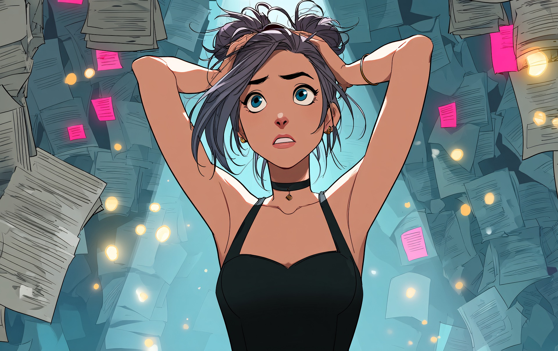 여자가 두손으로 머리를 감싸는 캐릭터 사진