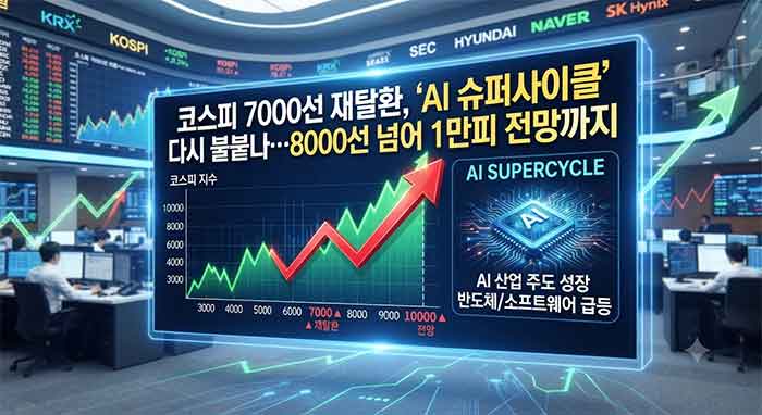 코스피 7000선 돌파와 AI 슈퍼사이클을 나타내는 주식 시장 그래픽.