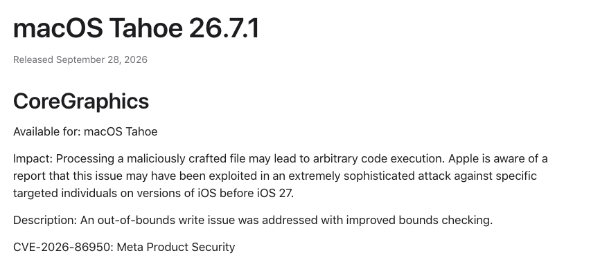 애플 macOS 타호 26.7.1 보안 공지, 같은 CoreGraphics 취약점 CVE-2026-86950