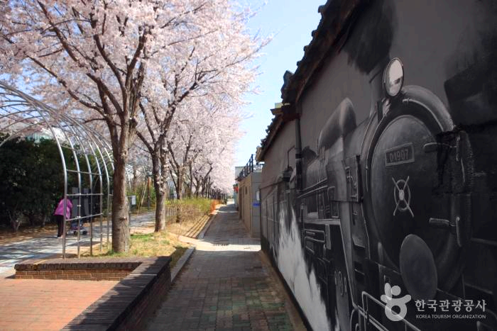 벗꽃나무들 옆으로 증기기관차가 있다.