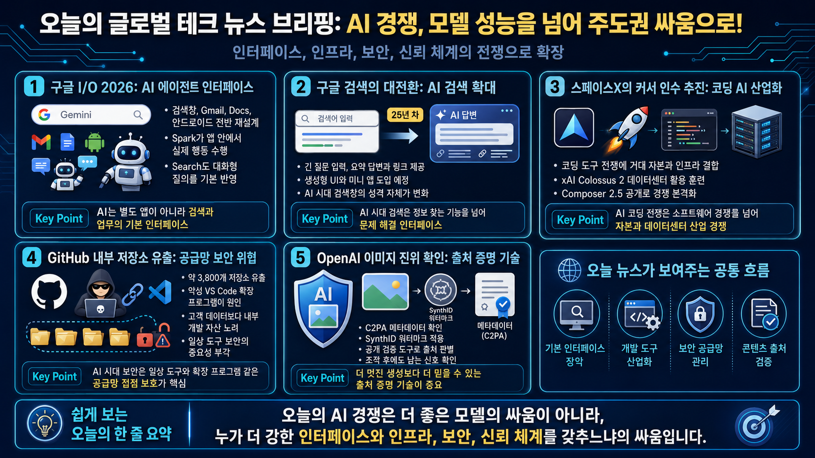 구글 I/O 2026, 구글 검색의 대전환, 스페이스X의 커서 인수 추진, GitHub 내부 저장소 유출, OpenAI의 이미지 진위 확인 도구