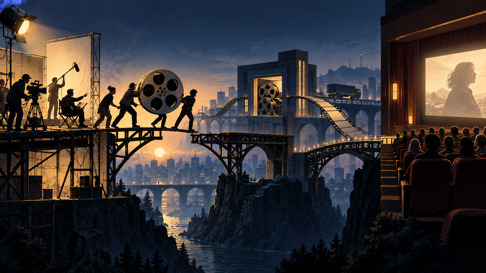 영화 제작 현장에서 극장과 관객석까지 여러 다리가 이어지는 모습을 표현한 일러스트
