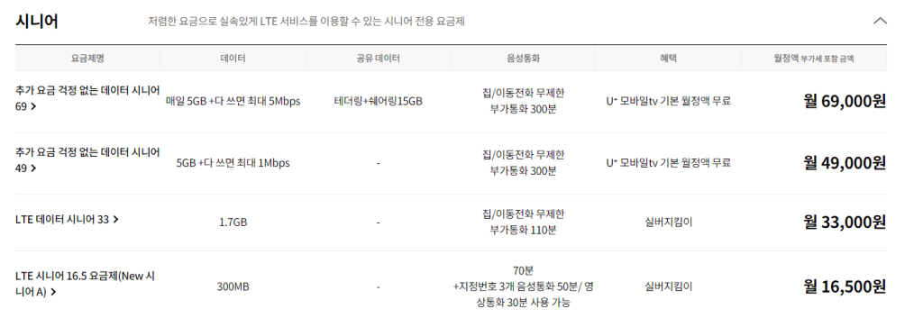 LG유플러스 시니어 LTE 요금제
