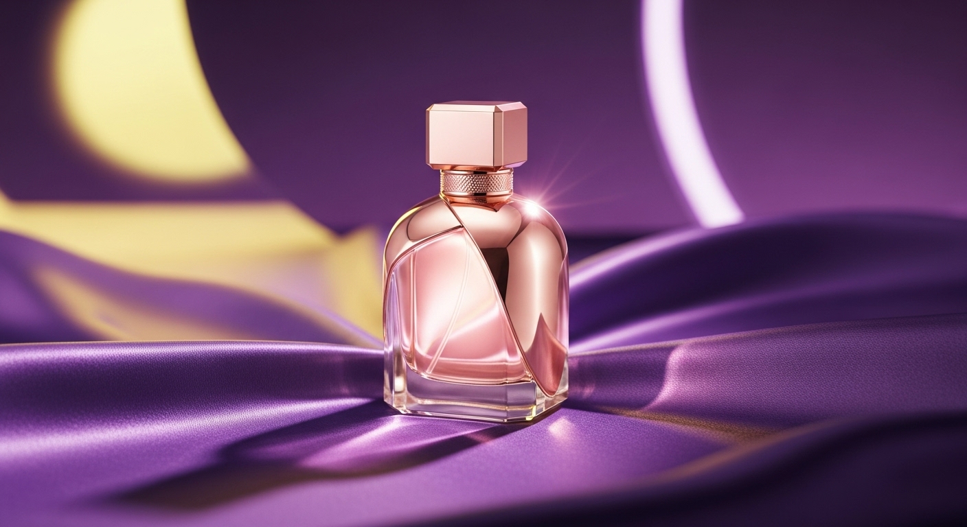 퍼플과 옐로우 조명 아래 놓인 우아한 로즈 골드 향수병. 티파니 로즈 골드 EDP의 고급스러운 분위기를 연상시킵니다.