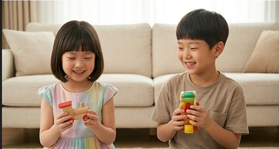 딸과 아들이 각자 원하는 것을 얻고 웃는 모습