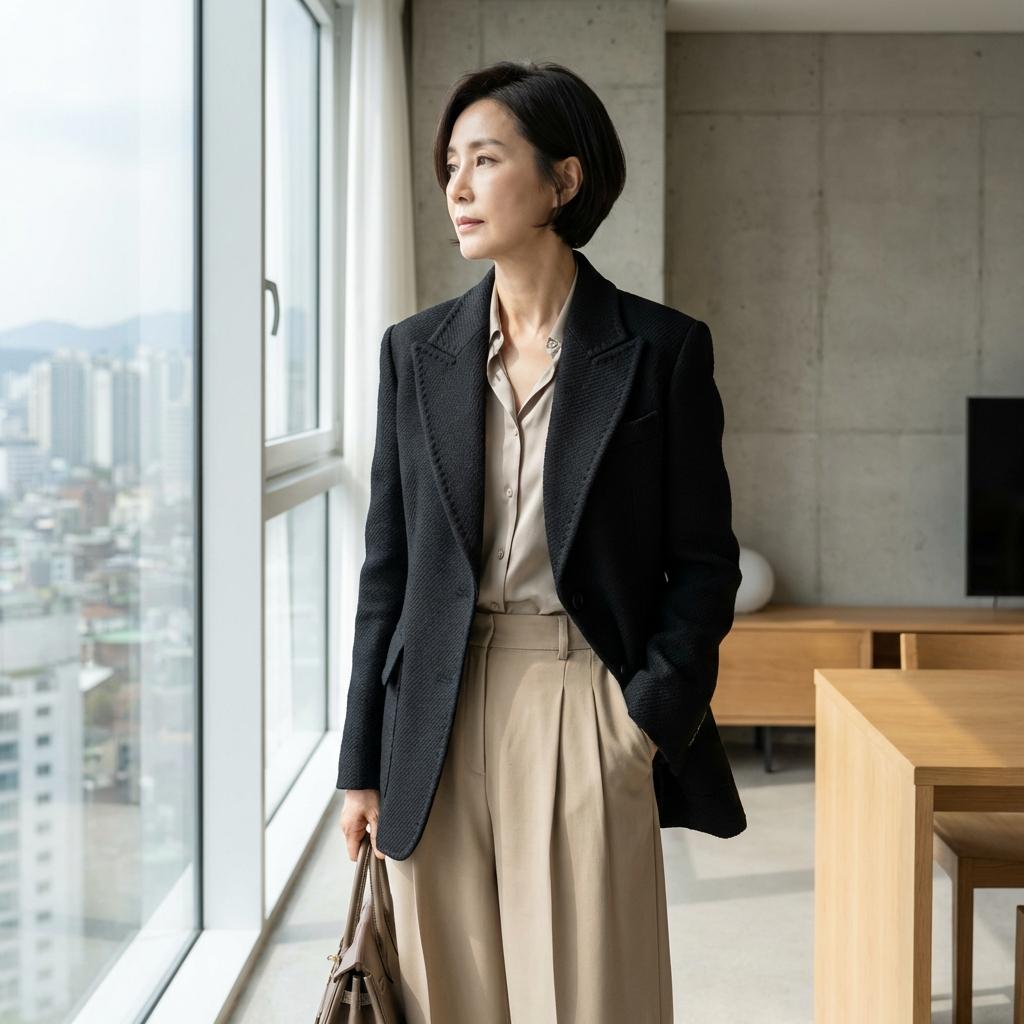 중요 모임용 50대 고급 울 혼방 블랙 자켓