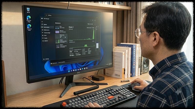 윈도우 작업 관리자에서 USB 저장장치의 쓰기 속도와 활성 시간을 확인하는 모습
