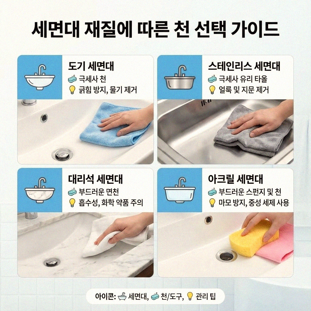 욕실 세면대 물때 제거를 위한 올바른 천 선택 가이드