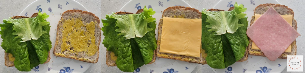 왼쪽 식빵에 상추놓고 머스타드 바름-중앙 식빵에 상추놓고 머스타드 바른 위에 슬라이스 치즈 올림-오른쪽 식빵에 상추 올리고 머스타드와 슬라이스치즈와 슬라이스햄 올림
