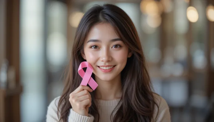 유방암 생존율 희망의 상징인 핑크리본을 들고 미소 짓는 여성의 모습