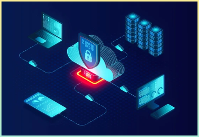클라우드 기반 사이버 보안 솔루션 개념 - 엔드포인트 보호 - 디지털 네트워크 내에서 보호되는 장치 - 3D 그림