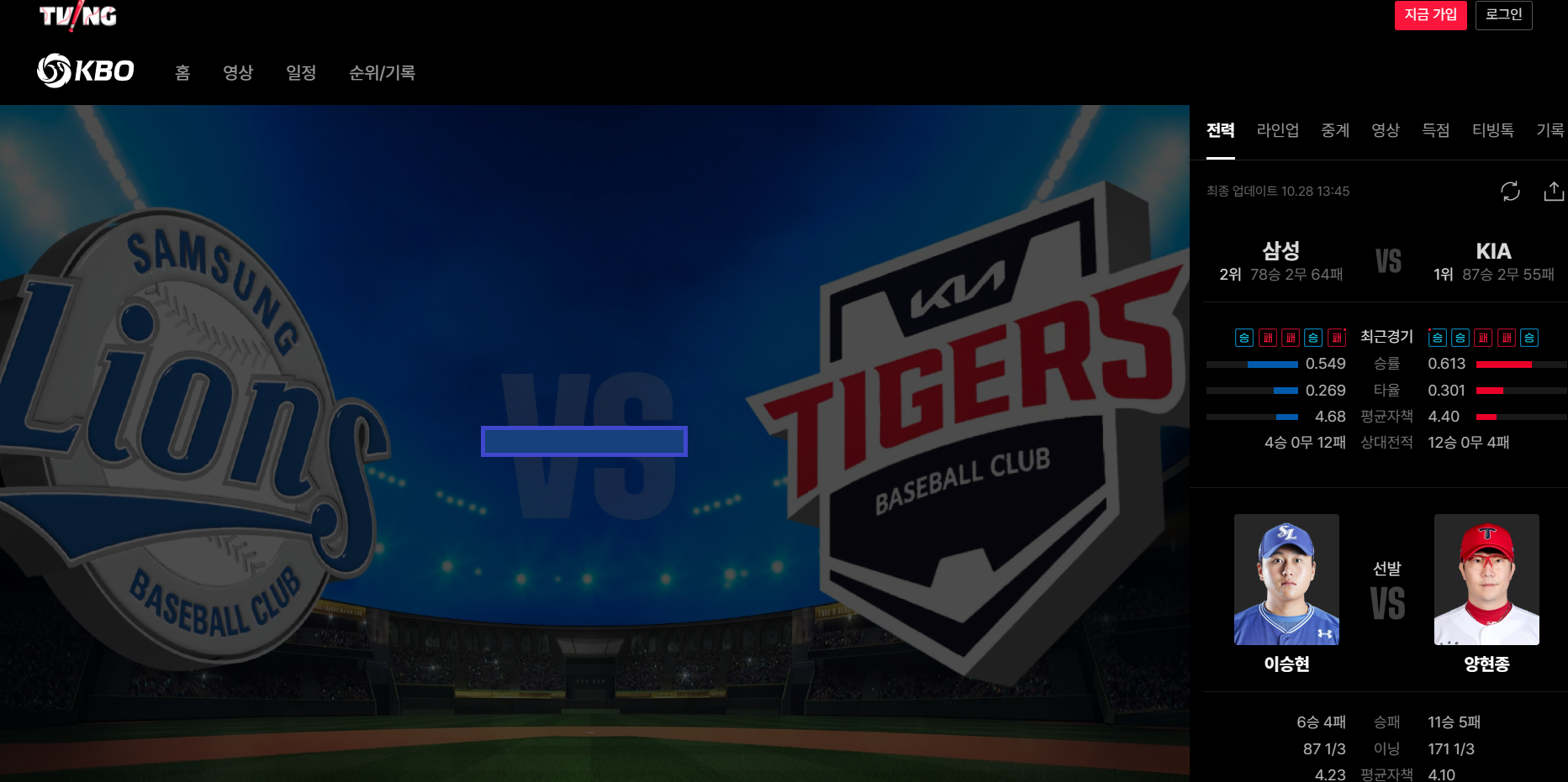 한국시리즈 5차전 티빙(출처:티빙)