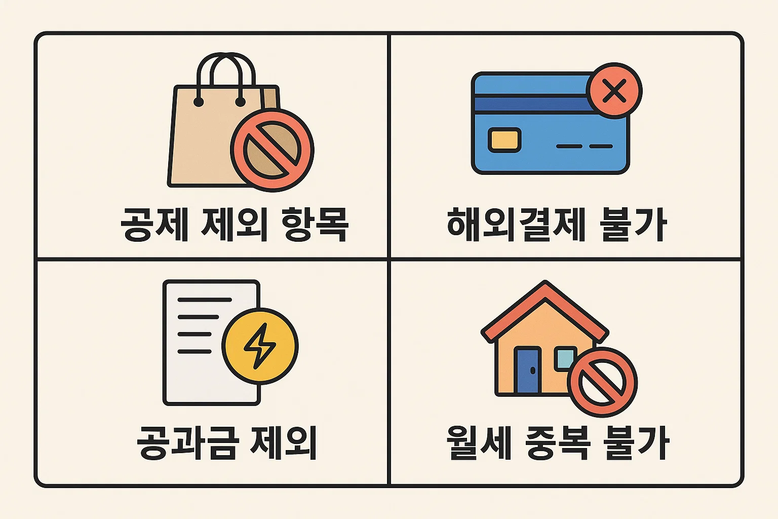 해외결제, 월세, 공과금 등 신용카드공제에서 제외되는 항목과 주의할 점을 정리한 2025년 연말정산 인포그래픽입니다.