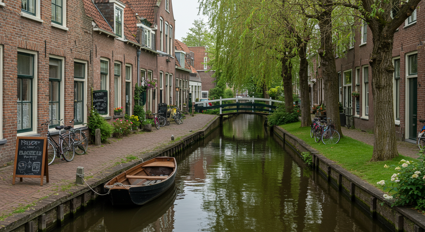 운하 풍경: 좁고 고요한 수로, 작은 나무배