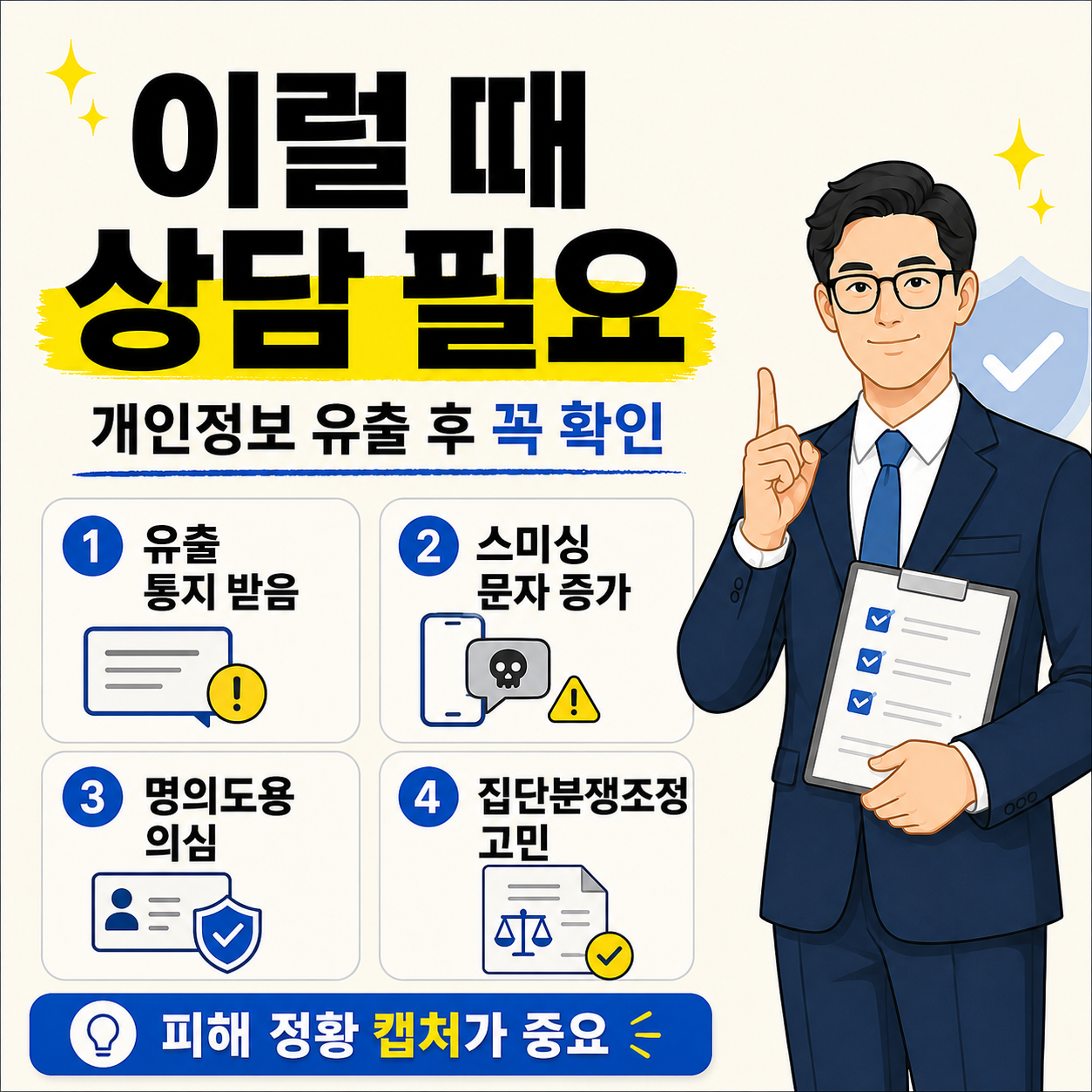 개인정보 유출 후 상담이 필요한 상황으로 유출 통지 수신, 스미싱 문자 증가, 명의도용 의심, 집단분쟁조정 고민을 정리한 인포그래픽 이미지