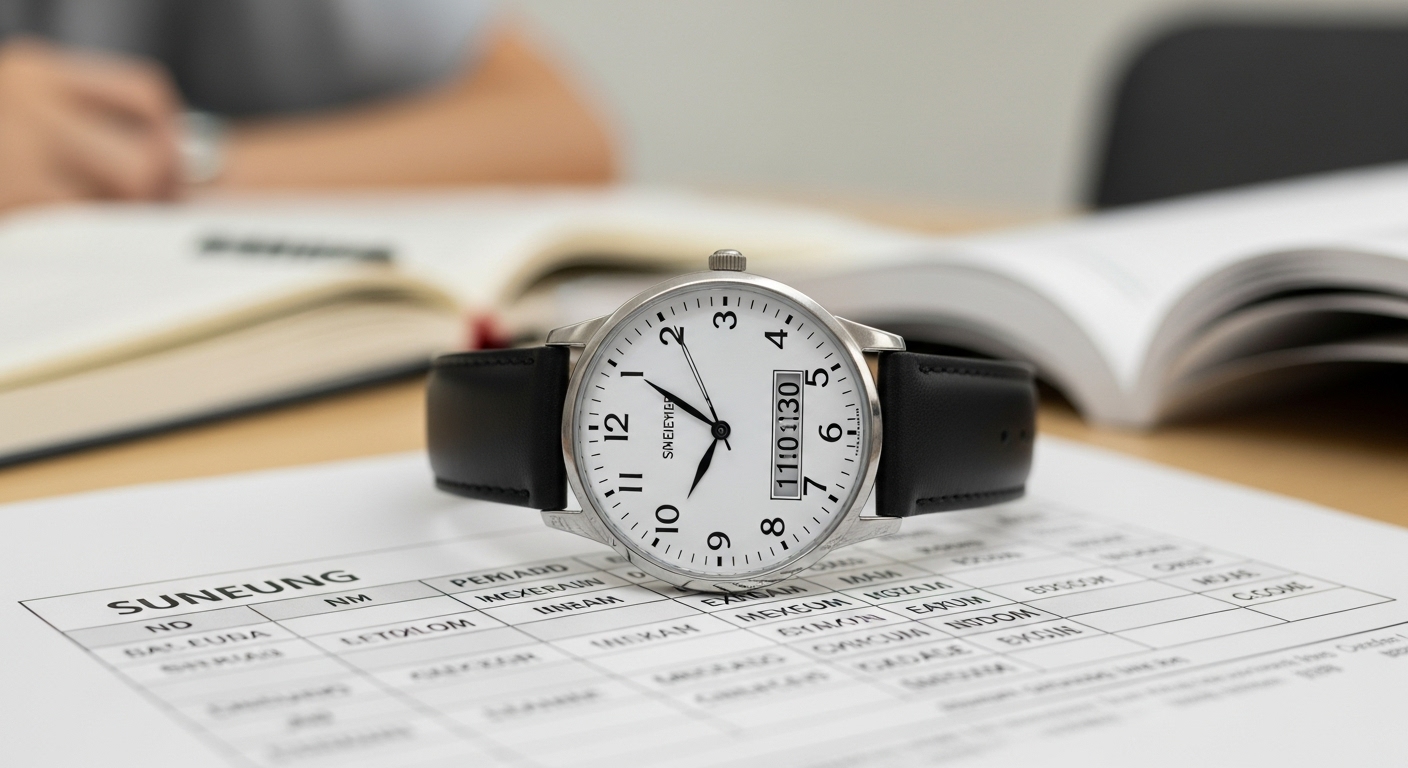 수능 시험 시간표 옆에 놓인 아날로그 손목시계, 수능 당일 시간 관리의 중요성을 강조.