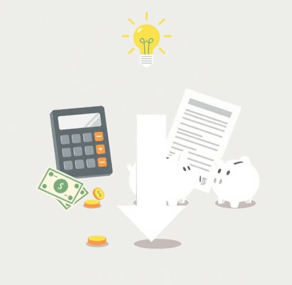 소득/재산 감소를 나타내는 아래화살표, 계산기, 지폐, 저금통, 서류가 있습니다.