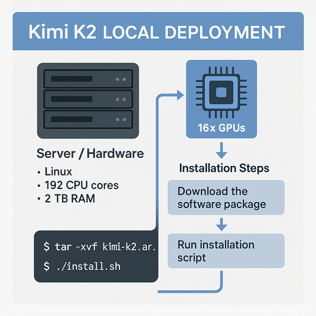 Kimi K2 local deployment setup guide showing hardware requirements and installation process