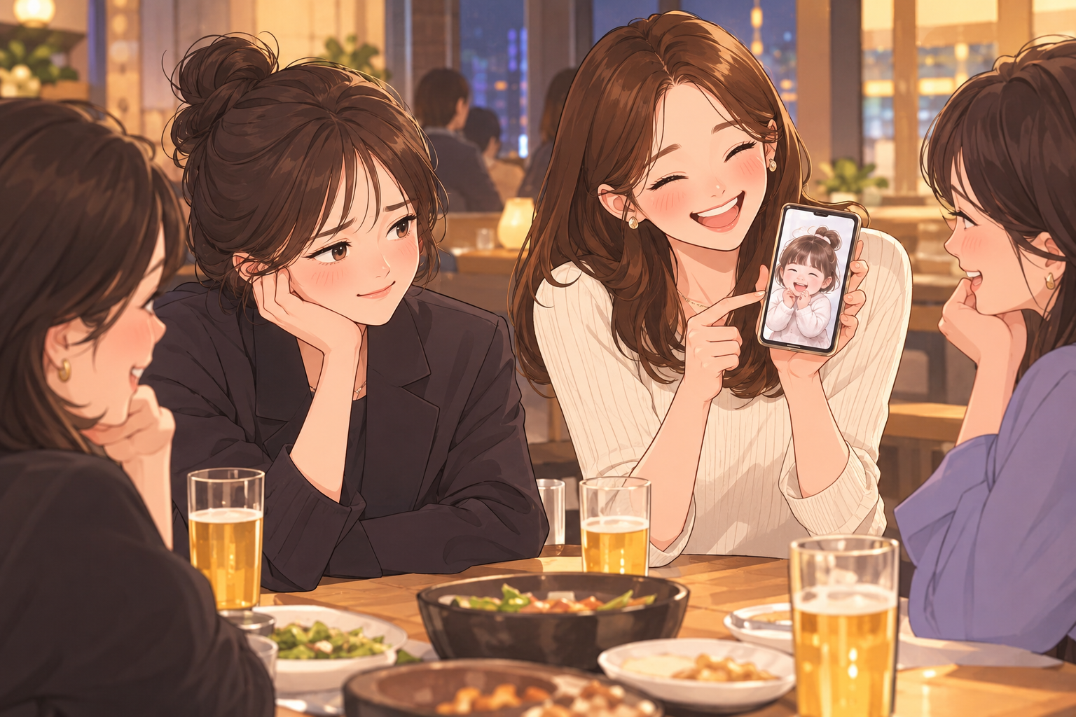 아이 사진을 둘러싼 따뜻한 저녁 모임