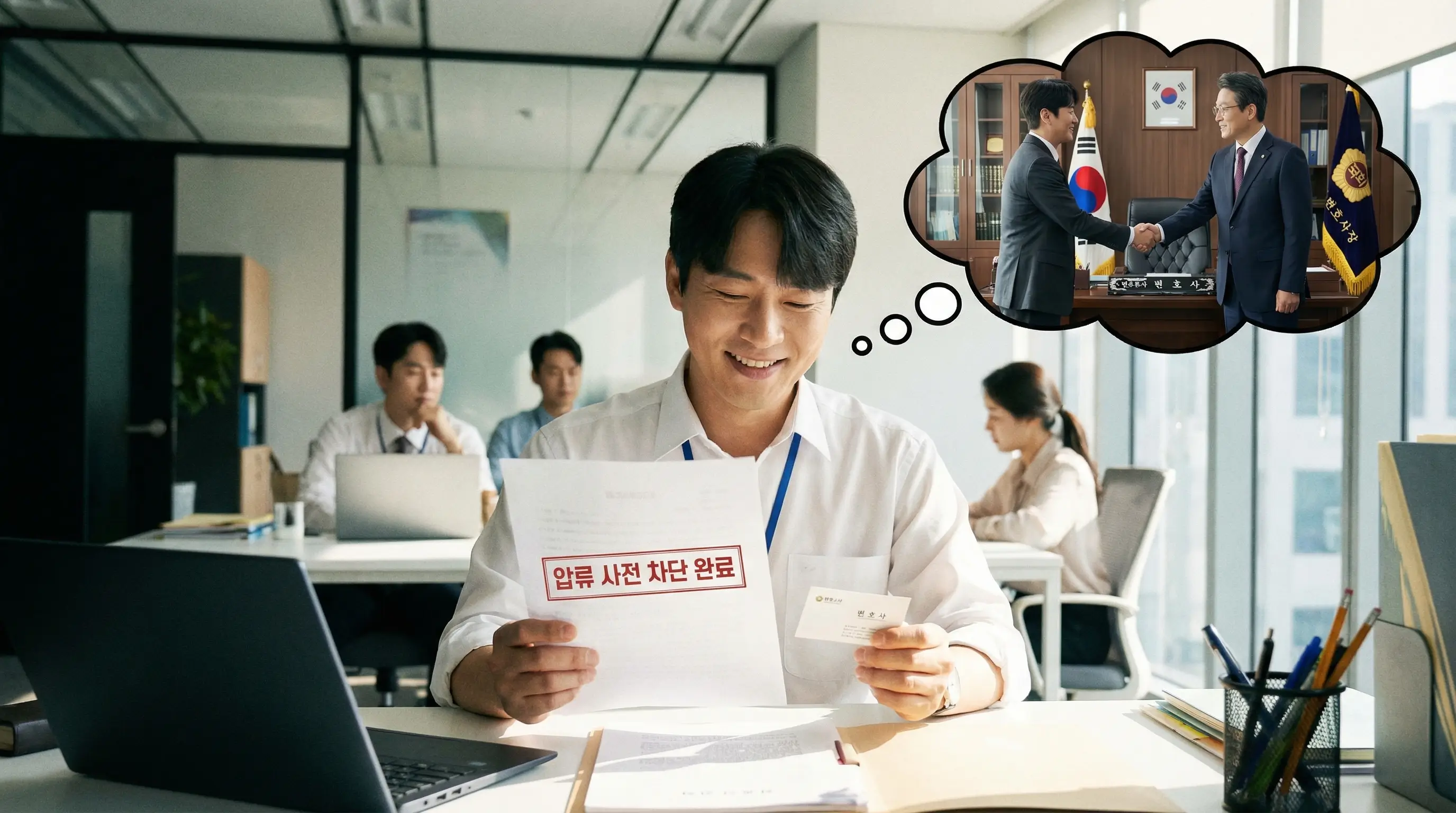 법률 전문가와 상담하여 압류를 사전에 차단하고 직장에서 평온하게 일하는 안도하는 모습