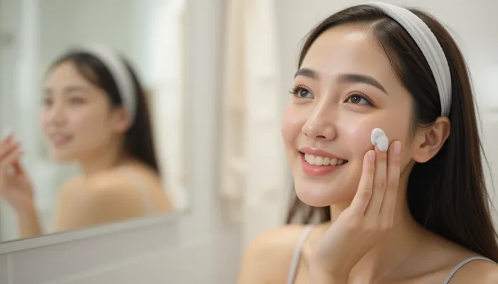 중년 여성이 피부노화 방지 크림을 바르는 모습