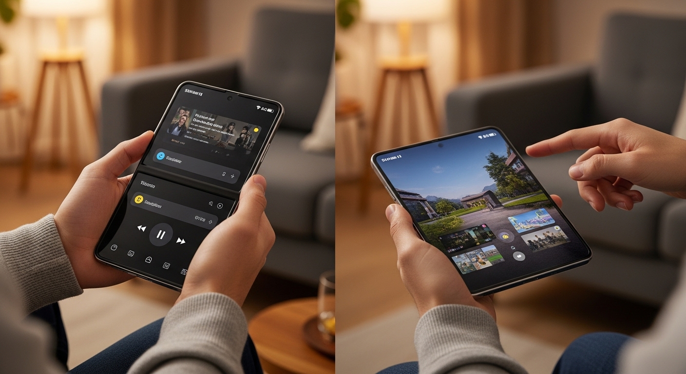 갤럭시 Z플립7의 커버 스크린 활용 모습과 Z폴드7의 넓은 화면으로 미디어를 즐기는 사용자 경험을 대비시킨 이미지.