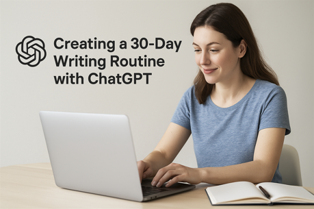 한 여성이 책상에 앉아 노트북으로 글을 쓰는 모습. 노트북, 메모지, 펜 등의 글쓰기 관련 요소 포함