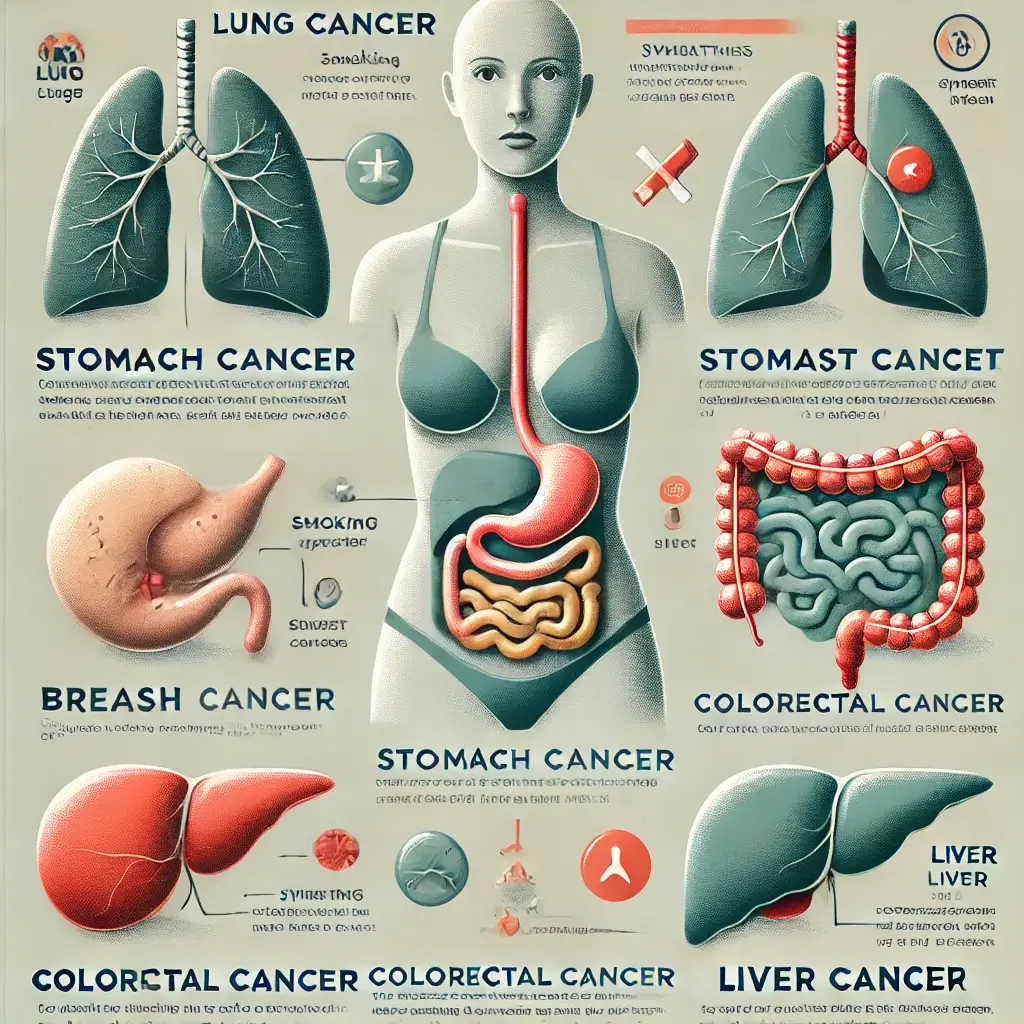 다섯-가지-주요-암-폐암-위암-유방암-대장암-간암을-간단히-시각화한-이미지