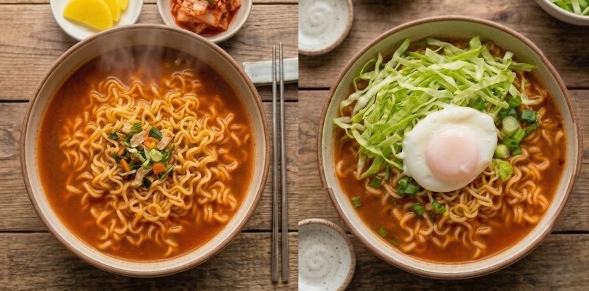 당뇨 및 혈당 관리에 도움을 주는 양배추 계란 라면과 일반 정제 탄수화물 라면의 비교