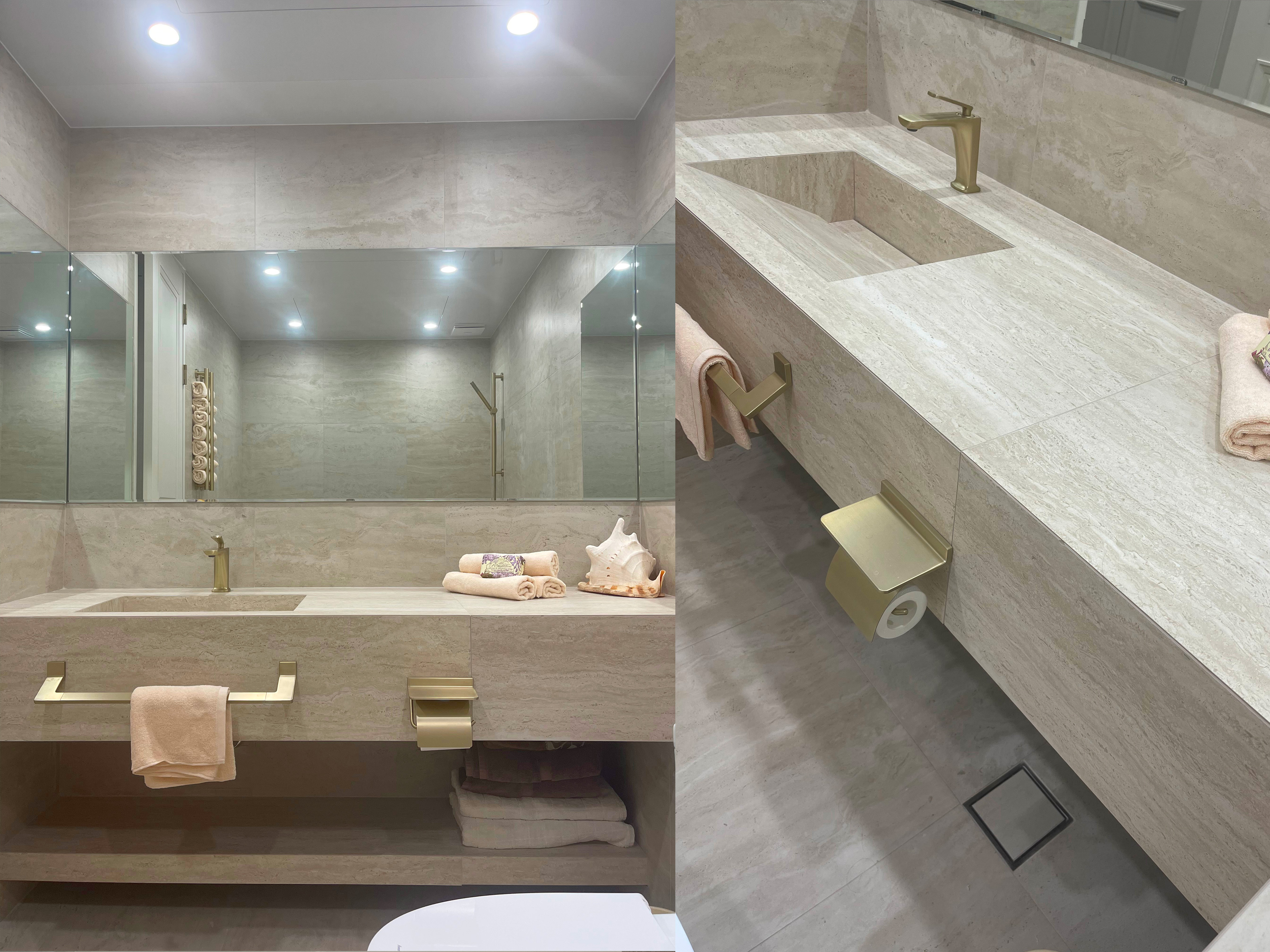 인테리어, 반셀프인테리어, 실전, 욕실, 리모델링, 욕실리모델링, 안방욕실, 조적세면대, 샴페인골드, 수전, 아메리칸스탠다드, 변기, 욕조, 철거, 고뫄스방수, 민경, 트라버틴, 타일, 매지, 타일유가