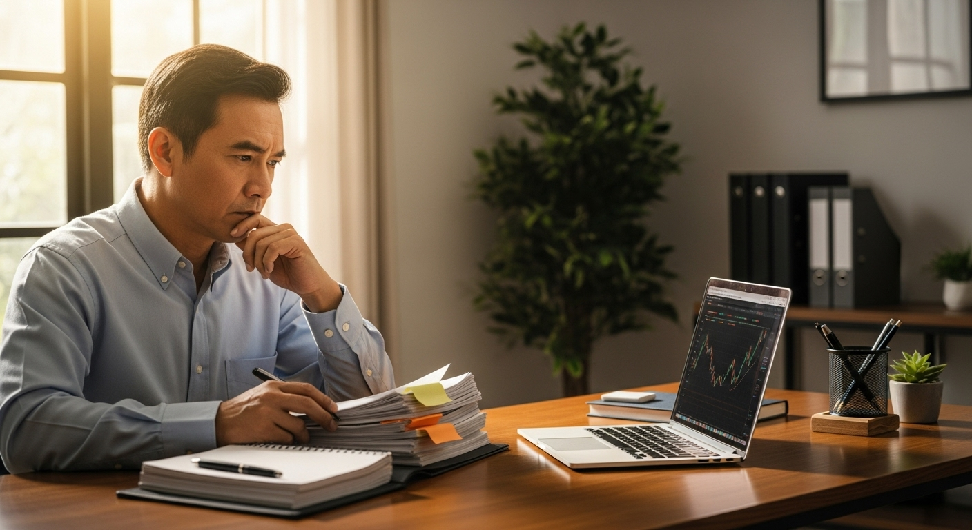 투자 손실 후 차분히 자신의 투자 노트를 보며 마음을 다잡는 현실적인 투자자의 모습