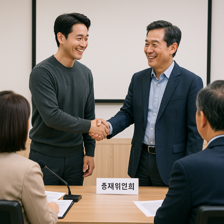 조정 위원회 회의 중 웃으며 악수하는 입주민의 모습