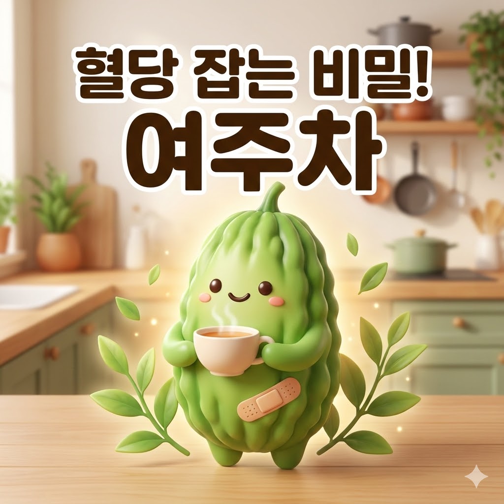 웃고 있는 귀여운 여주 캐릭터가 따뜻한 여주차를 마시며 건강해 보이는 모습, 혈당 관리를 암시하는 이미지