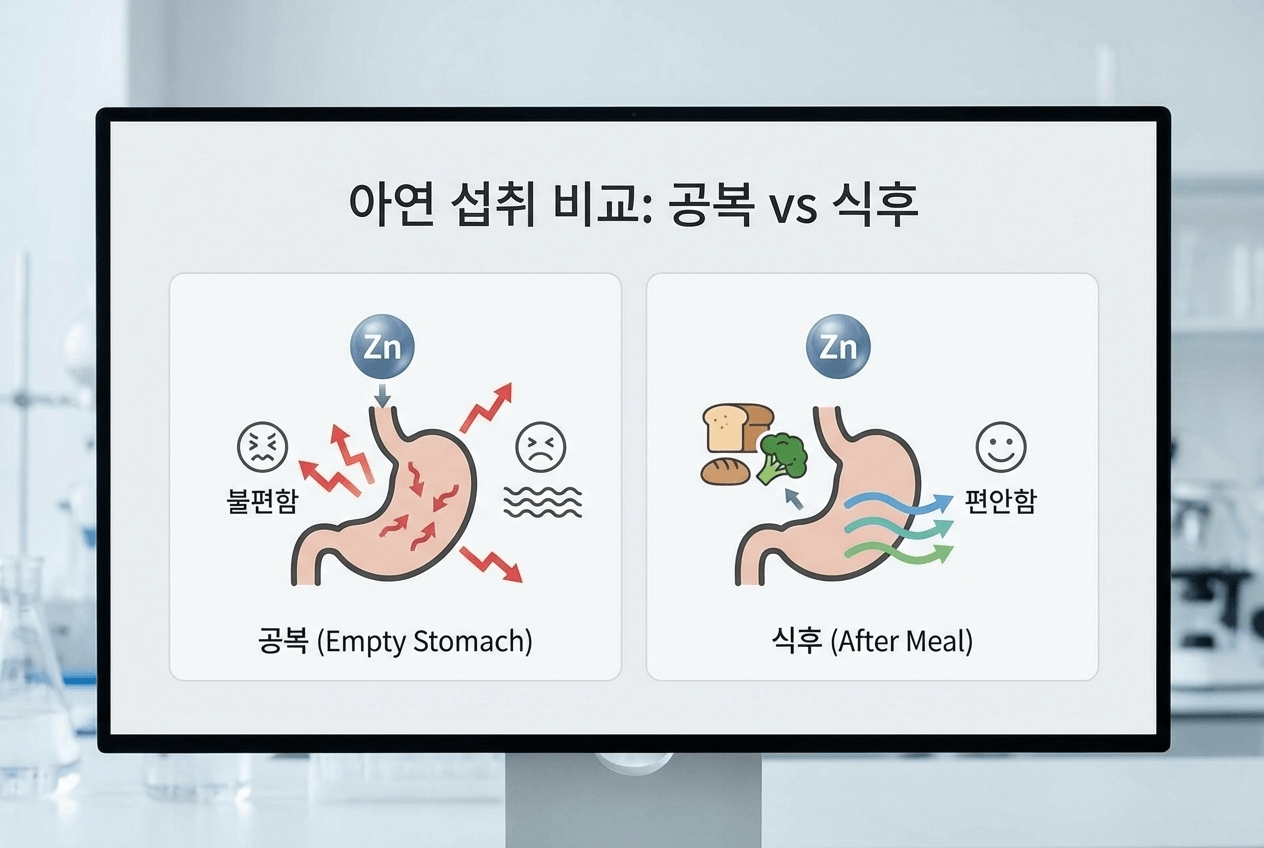 공복 복용과 식후 복용을 대비해 위가 편안해지는 흐름을 보여주는 단순한 도식 이미지. 아연 피콜린산을 포함한 아연 복용 타이밍 이해를 돕는 그림입니다.