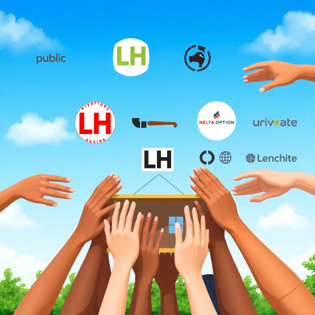 여러 손이 모여 집을 짓는 모습이나, 공공기관(LH 로고 등)과 민간 기업의 로고가 함께 배치된 협력적인 이미지를 통해, 다양한 주체들이 힘을 합쳐 더 나은 주거 환경을 만들어가는 비전을 제시합니다