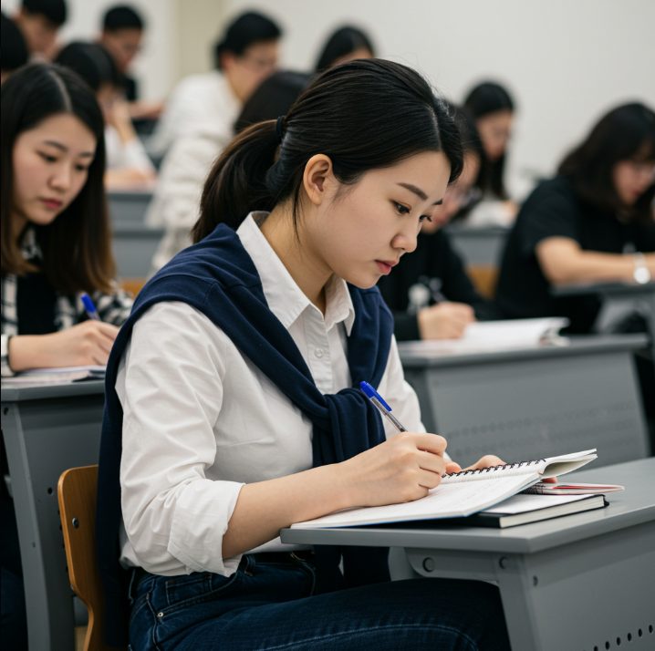 주의사항을 노트필기하는 여성의 모습