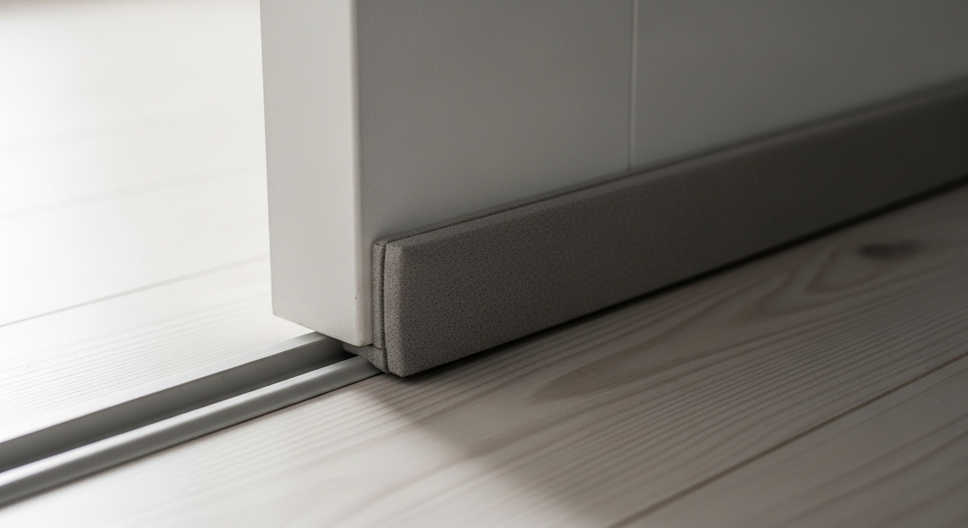 문 아래 틈새로 들어오는 외풍을 막아주는 흰색 문풍지(틈새막이)의 모습.