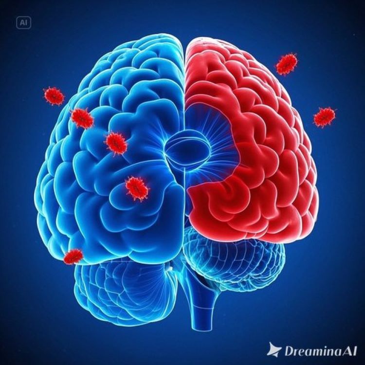 뇌의 단면도에서 글루텐 항체들이 다양한 뇌 영역(소뇌, 전두엽, 측두엽)을 공격하는 모습을 화살표와 붉은 염증 표시로 보여주고, 한쪽에는 정상적인 뇌(푸른색), 다른 쪽에는 글루텐에 의해 손상된 뇌(붉은색)를 대비하여 표현한 의학적 인포그래픽