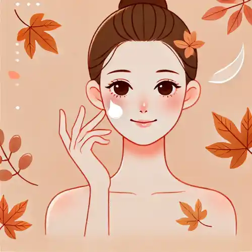 가을 낙엽이 배경으로 여성이 얼굴에 보습제를 바르고 있다