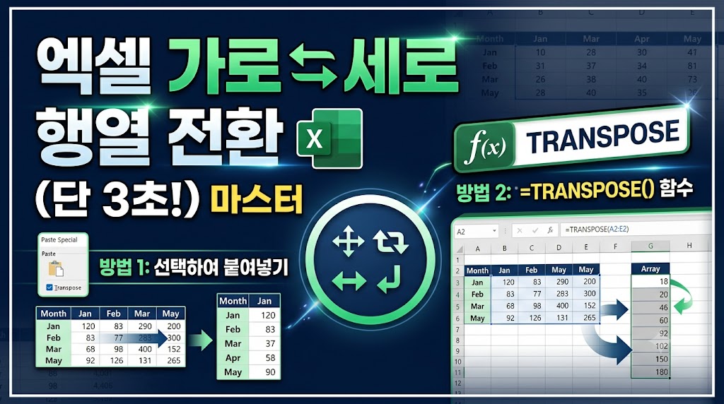 엑셀에서 표의 행과 열을 가로세로로 전환하는 작업 화면