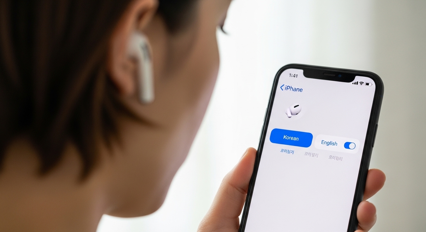 에어팟을 착용한 사람이 아이폰 화면에서 한국어와 영어 번역 설정을 확인하는 모습.