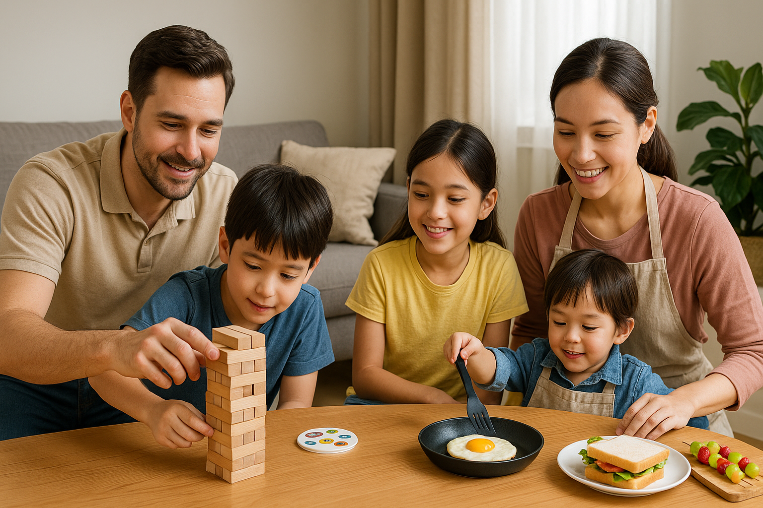 가족이 함께 젠가 보드게임과 간단한 요리를 하며 여름방학을 즐기는 실내 놀이 모습